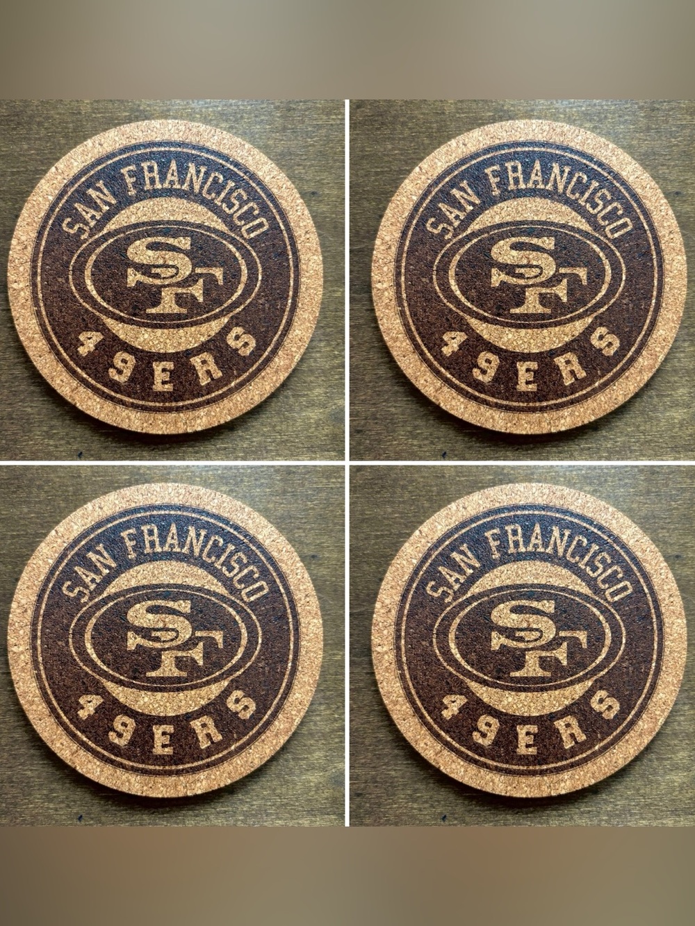 San Francisco 49ers Logo Laser Engraved Cork Coasters Lot of 4